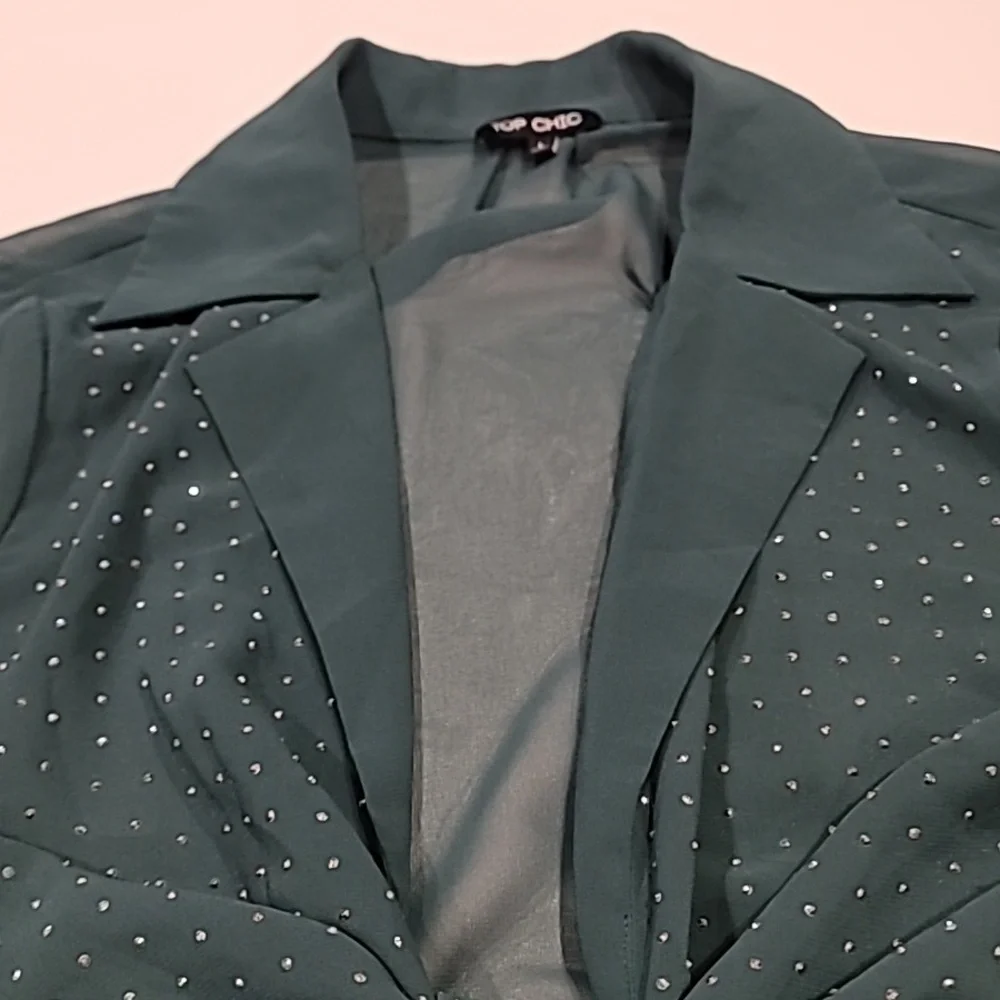 Top Chic Tie Front Semi Sheer Sparkle Studded Cropped Blouse Forest Green L - Picture 6 of 14